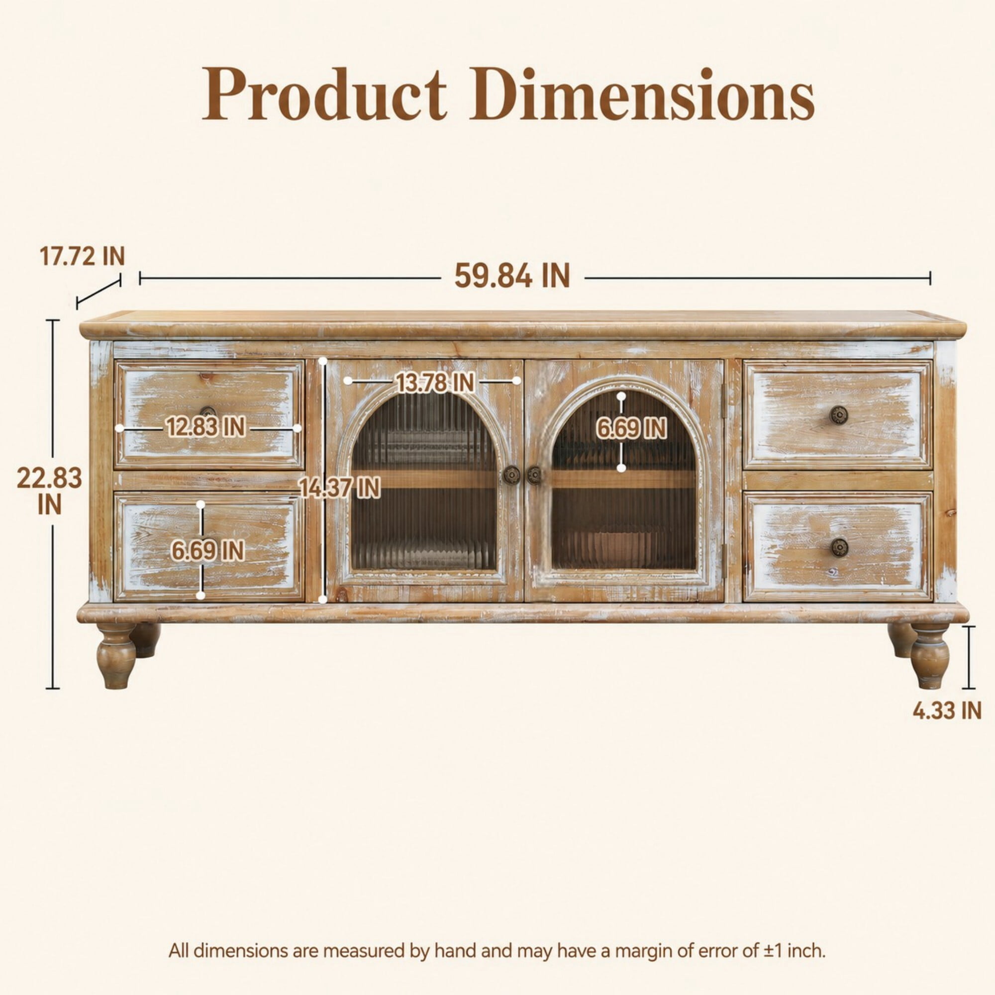 DEALTOPS 60 Inch Farmhouse TV Stand with 4 Drawers & 2 Glass Doors, Rustic Media Console – Natural Oak