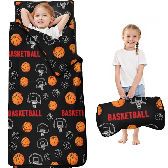 Basketball and Hoop Black Pattern Teens Toddler Nap Mat with Pillow, Sleeping Mat Bag for Preschool Daycare 59"x22"