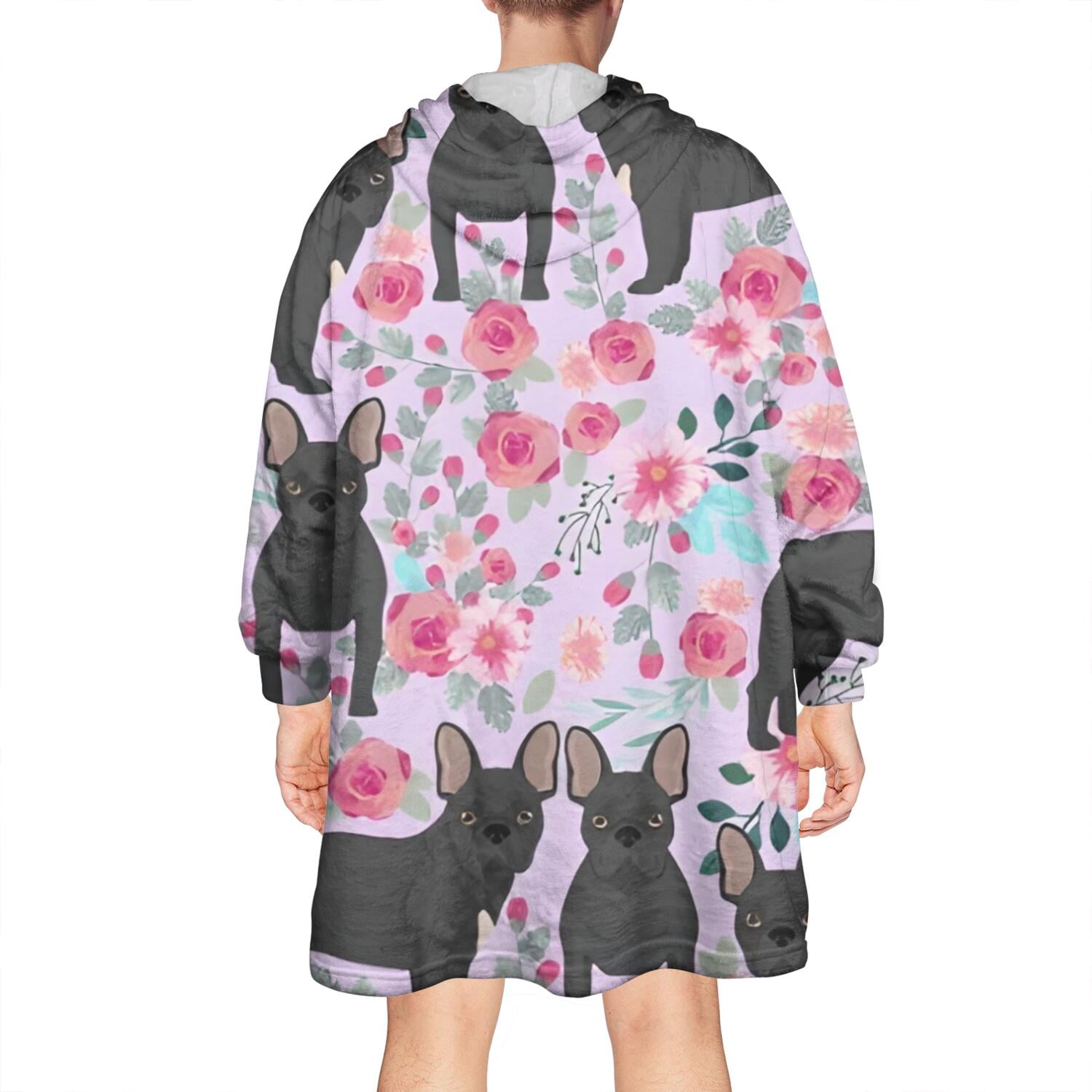 French Bulldog and Flower Wearable Oversized Blanket,Wearable Blanket Hoodie for Adults,Cozy Hooded Blankets with Super Pockets,Super Warm Fuzzy Pullover for Women & Men