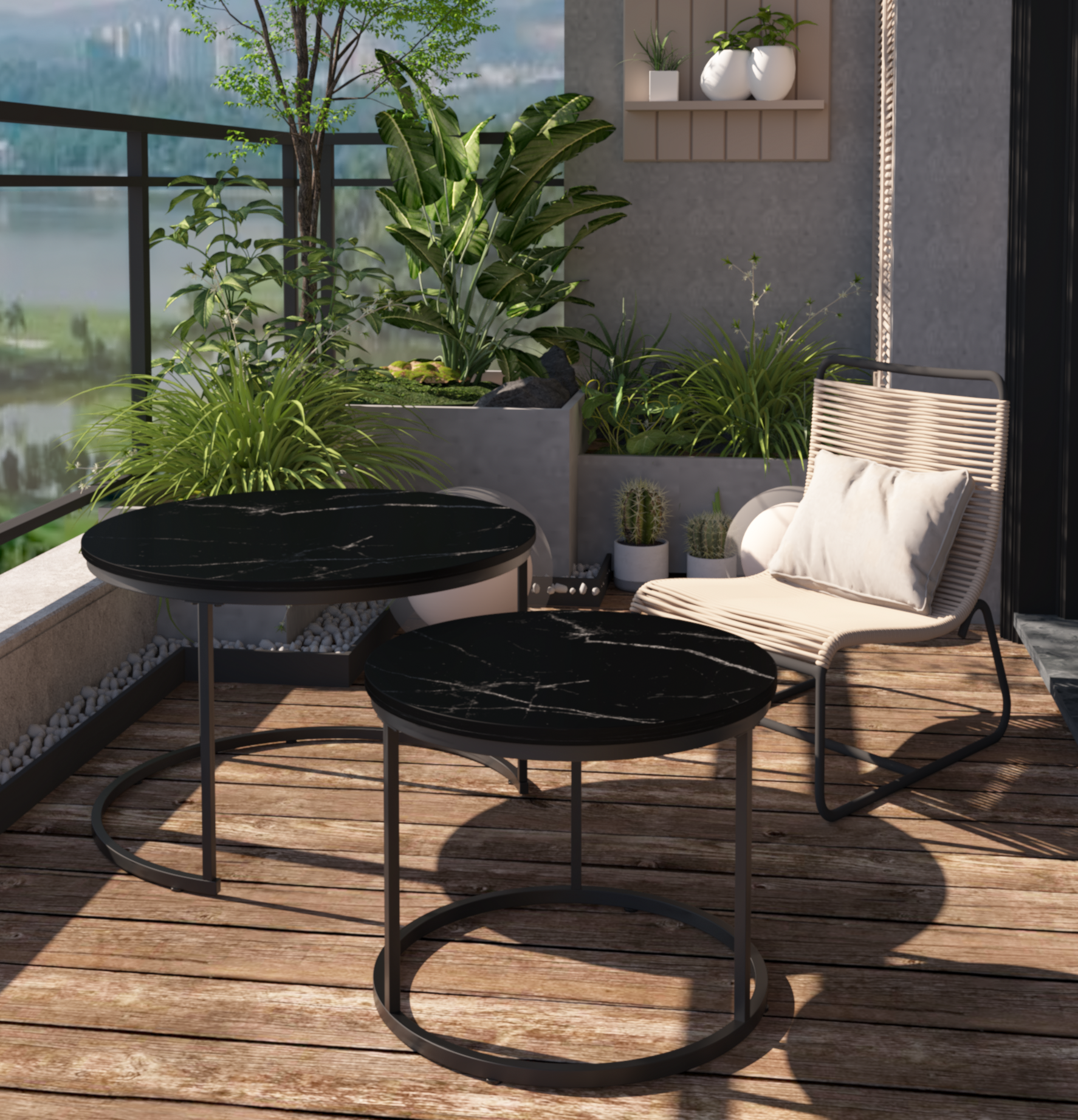 Yoneston 27.6" Round Coffee Table Set of 2, Wood Marble Pattern Top with Sturdy Metal Frame for Living Room Bedroom Balcony Yard, Black