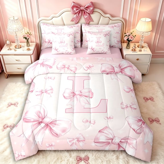 Manfei Ribbon Bow Knot Personalized Initial L Twin Bedding Sets 7-Piece for Girls Women,Kids Teens Pink Bow Shabby Chic Bedding Comforter Set,Pink Reversible,Lightweight Room Decor