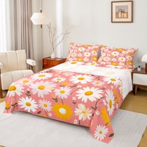 Feelyou Orange Groovy Flower Full Size Sheets for Teens, Kawaii Daisy Floral Bed Sheets, Plant Botanical Sheet Sets, Breathable Home Decor, 4-Piece
