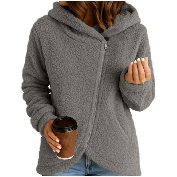 Women's Fleece Side Zip Up Crop Jacket with Pockets Oversized Long Sleeve Sherpa Hoodie Fuzzy Jackets Warm Teddy Coat