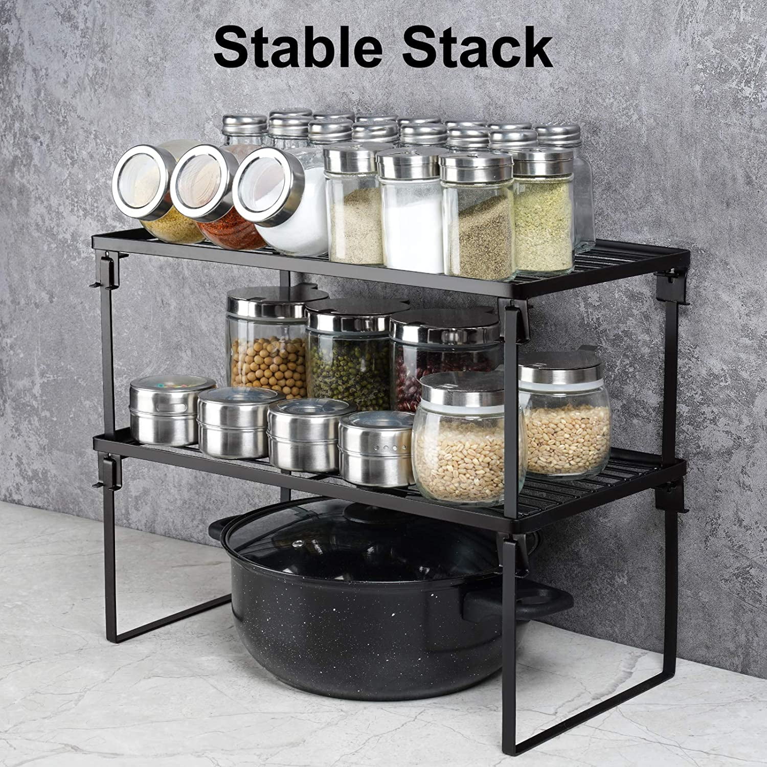 Tomorotec 2PCs Stackable Kitchen Storage Shelf Rack, Foldable Spice Rack Cabinet Organization Storage Shelves, Kitchen Shelves, Kitchen Counter & Cabinet Shelf Organizer