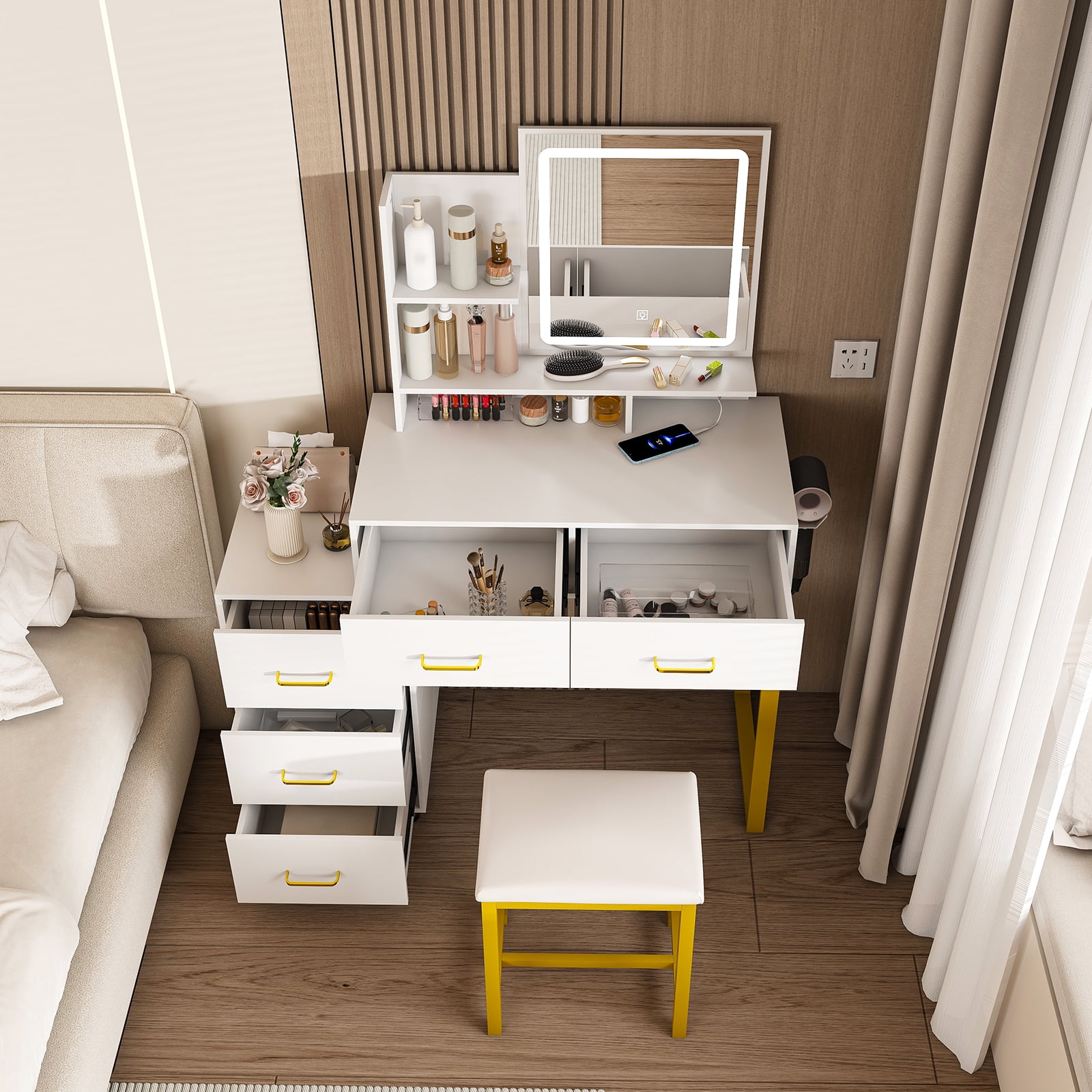 Montary White LED Vanity w/ Power Outlet & 3 Lights: 5-Drawer Makeup Desk w/ Sturdy Metal Legs & Stool