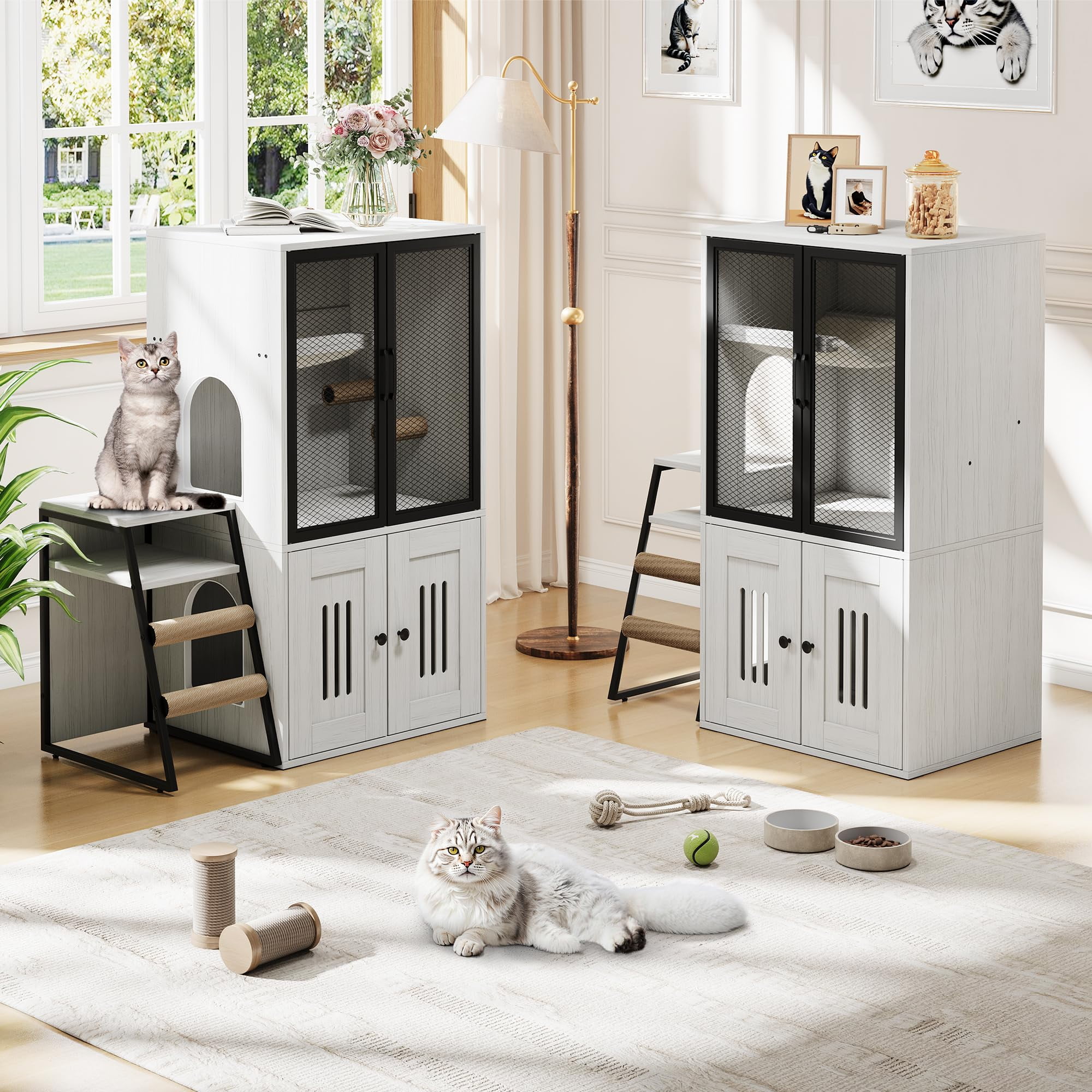Huisuilinss Cat Litter Box Enclosure With Platform,Double Layer Hidden Litter Box Furniture With Doors,Indoor Cat House With Ladder,Litter Box Cabinet With Storage Space,Cat Washroom