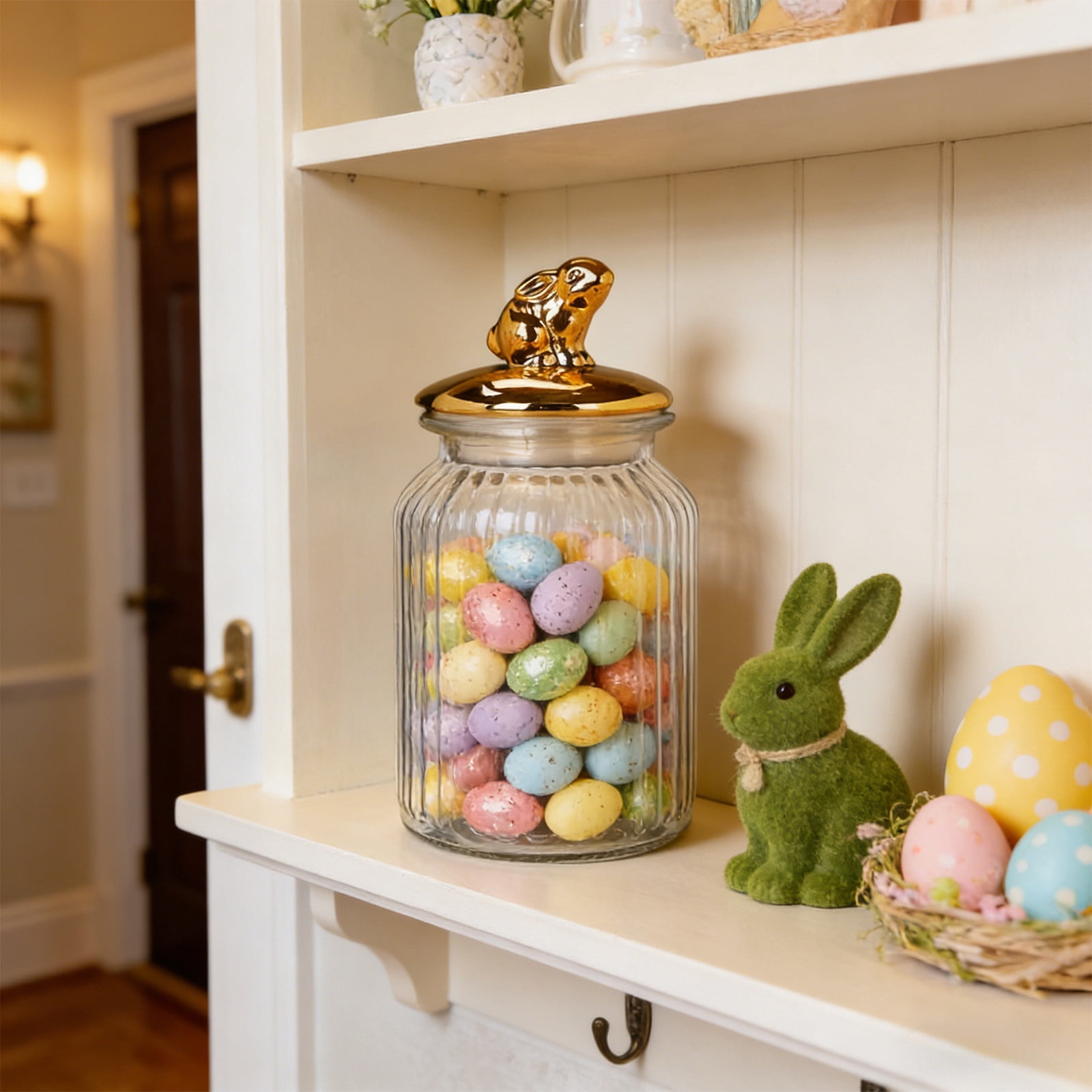 B Easter Themed Glass Candy Jar 1000Ml Storage Jar With Lid Kitchen Container For Candy Snacks Cookies Holiday Home Decor Bunny Egg Chick Design