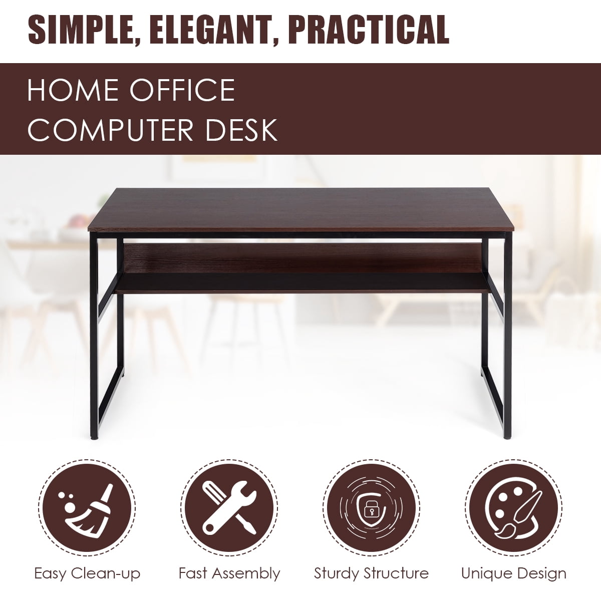Costway 55'' Industrial Computer Desk  w/ Storage Shelf  Adjustable Foot Pads Home Office Coffee