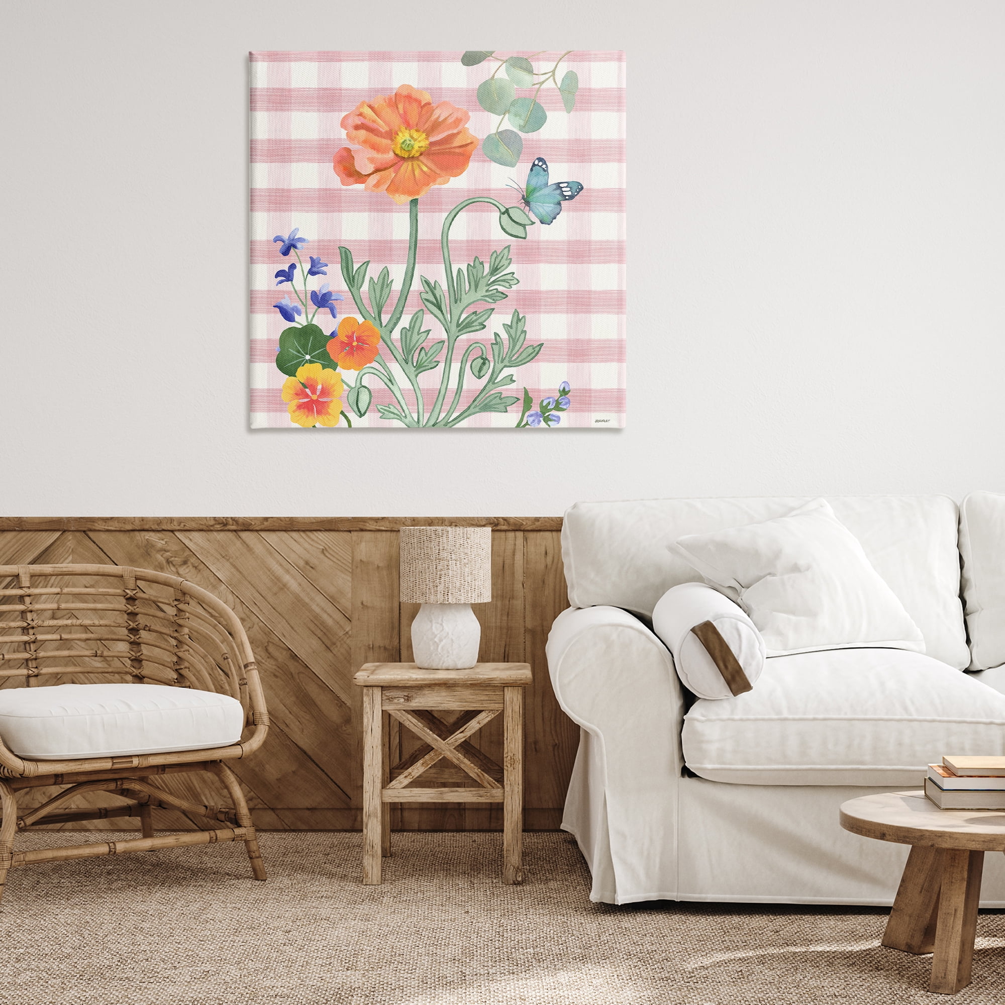 Stupell Industries Gingham Garden Poppy Botanical & Floral Painting Gallery Wrapped Canvas Art Print Wall Art, 36 x 36