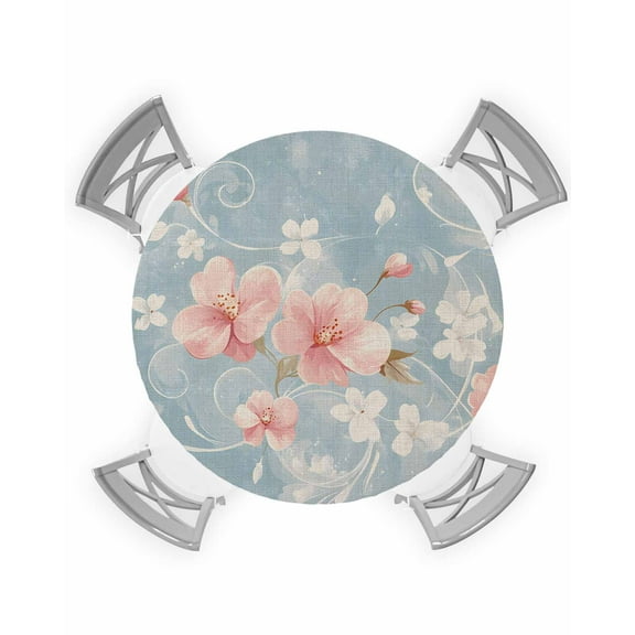 nqOlkjepod Pink Flowers Round Tablecloth, Fitted Table Cover with Elastic for 55"-60" Round Tables, Vintage Blue Farmhouse Country Floral Table Cloth Outdoor Dinning Party Waterproof Tablecloths
