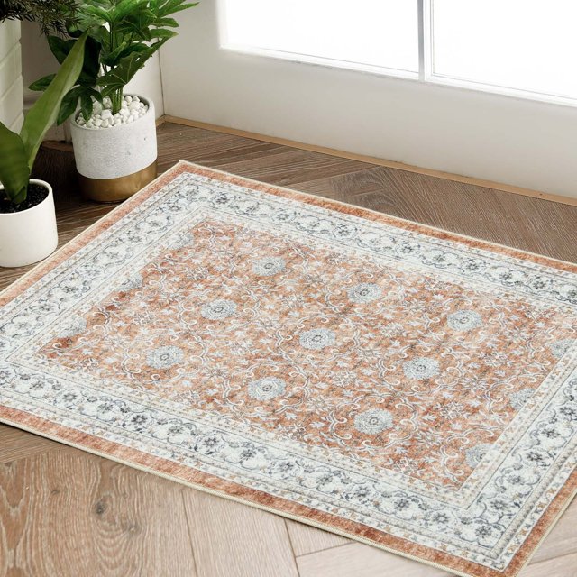 Rugking Area Rug 3X5 Persian Rug Vintage Indoor Thin Rug Soft Door Mat Orange Print Overdyed Boho Retro Cover Farmhouse Washable Kitchen Bedroom