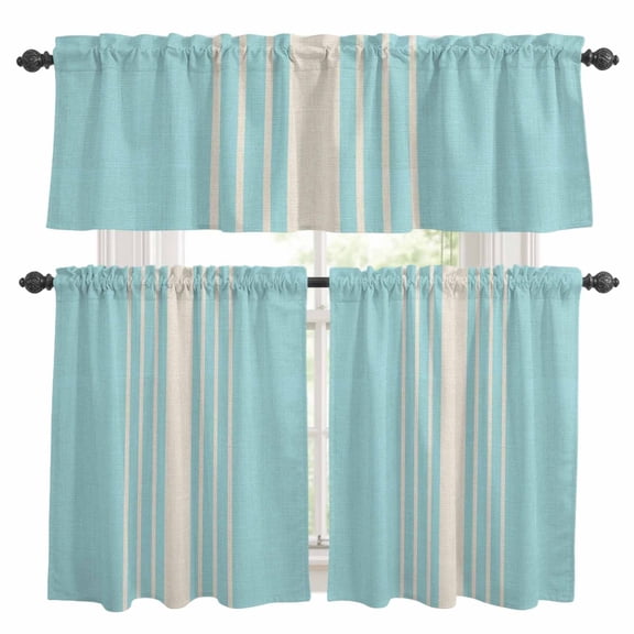 Aqua Beige Striped Kitchen Curtains Sets for Windows 24 Inch Length, Modern Farmhouse Retro Lines Rod Pocket Window Treatments Tier Curtains and Valances Set for Bedroom/Bathroom