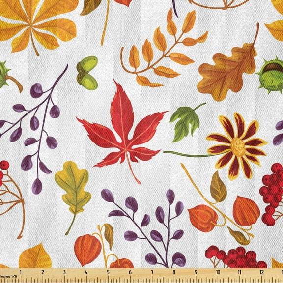 Ambesonne Autumn Fabric by the Yard Microfiber, Leaves Composition Art, 3 Yards, Vermilion and Burnt Orange