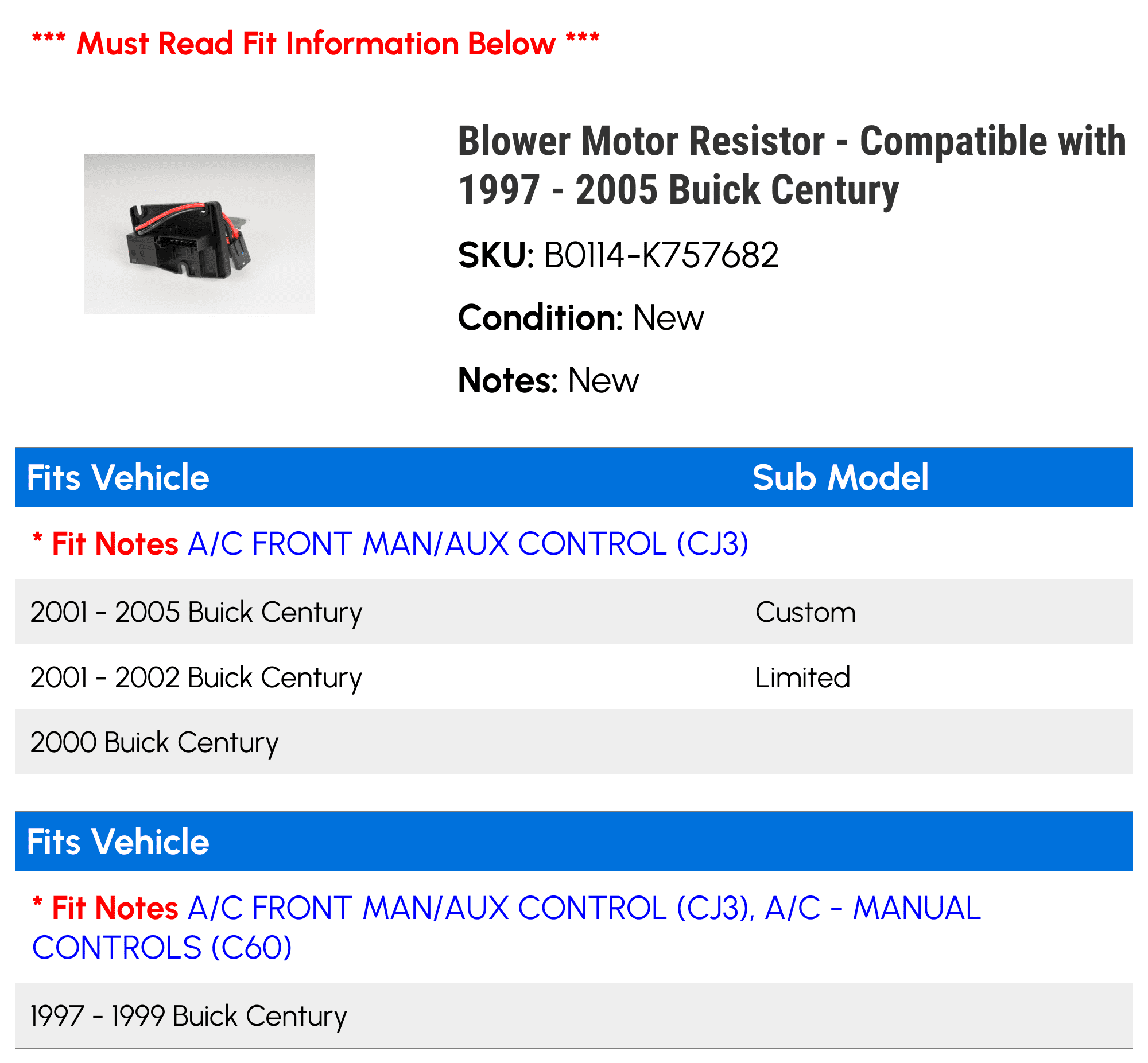 Blower Motor Resistor - Compatible with 1997 - 2005 Buick Century 1998 1999 2000 2001 2002 2003 2004