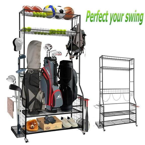 SHZOND Golf Bag Storage Garage Organizer, 3 Golf Bag Stand and Sports Equipment Storage Rack for Garage with Wheels, 4 Hooks, Golf Accessories Storage Rack with Extra Golf Clubs Display Rack