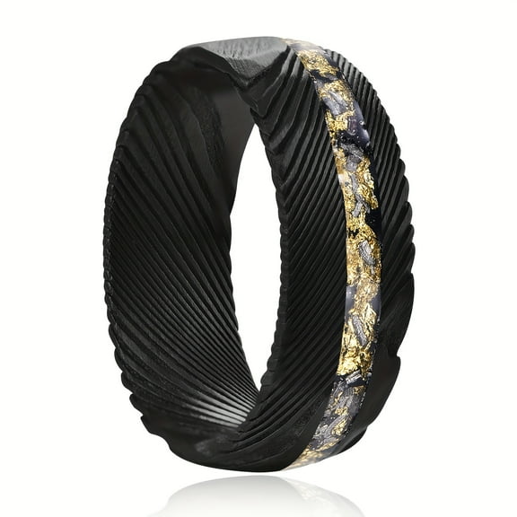 A men's Damascus steel ring, single meteorite inlay, black hammer surface, comfortable fit dome commitment ring, sizes 7-12,Black,10
