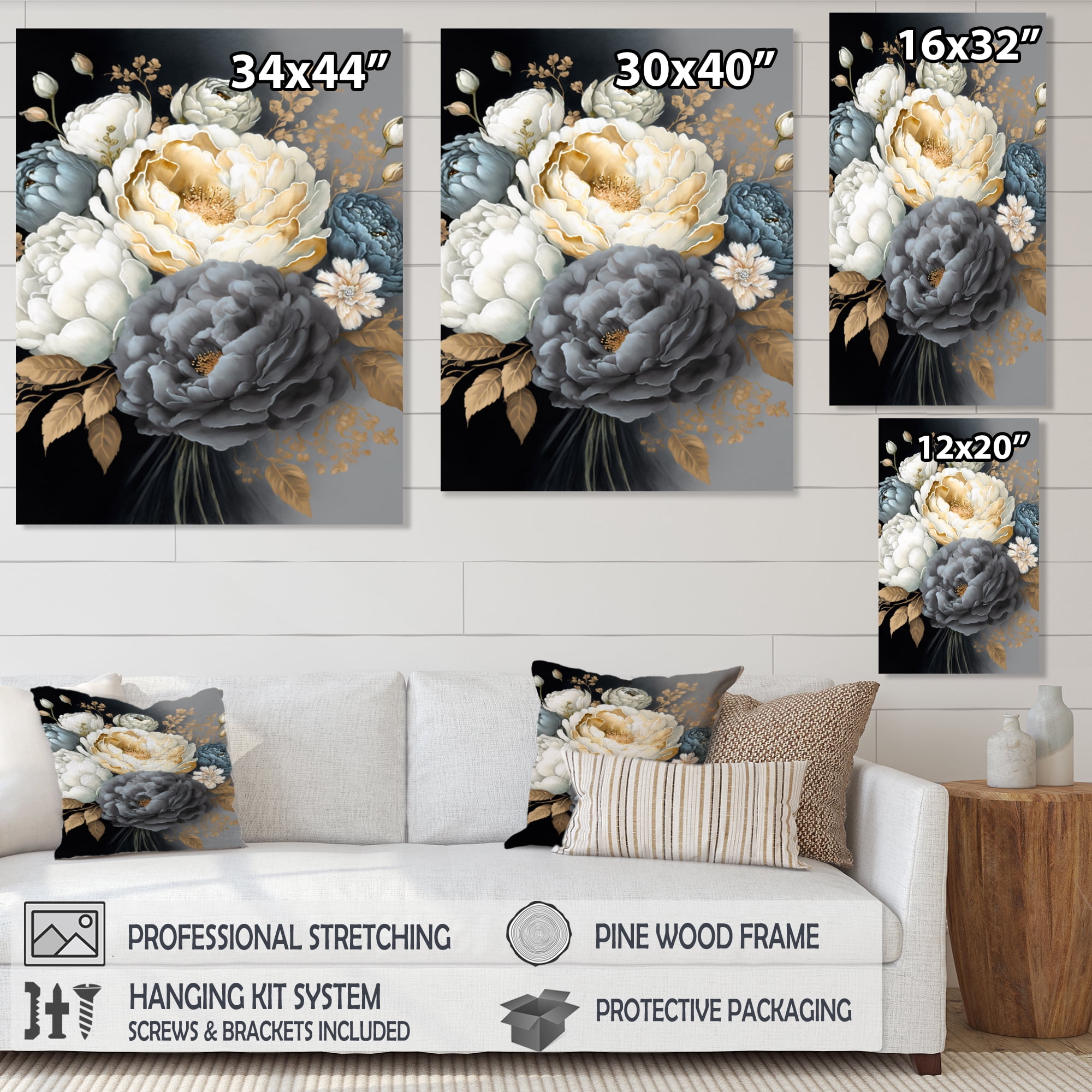 Designart White, Blue And Grey Peony Bouquet I Canvas Wall Art