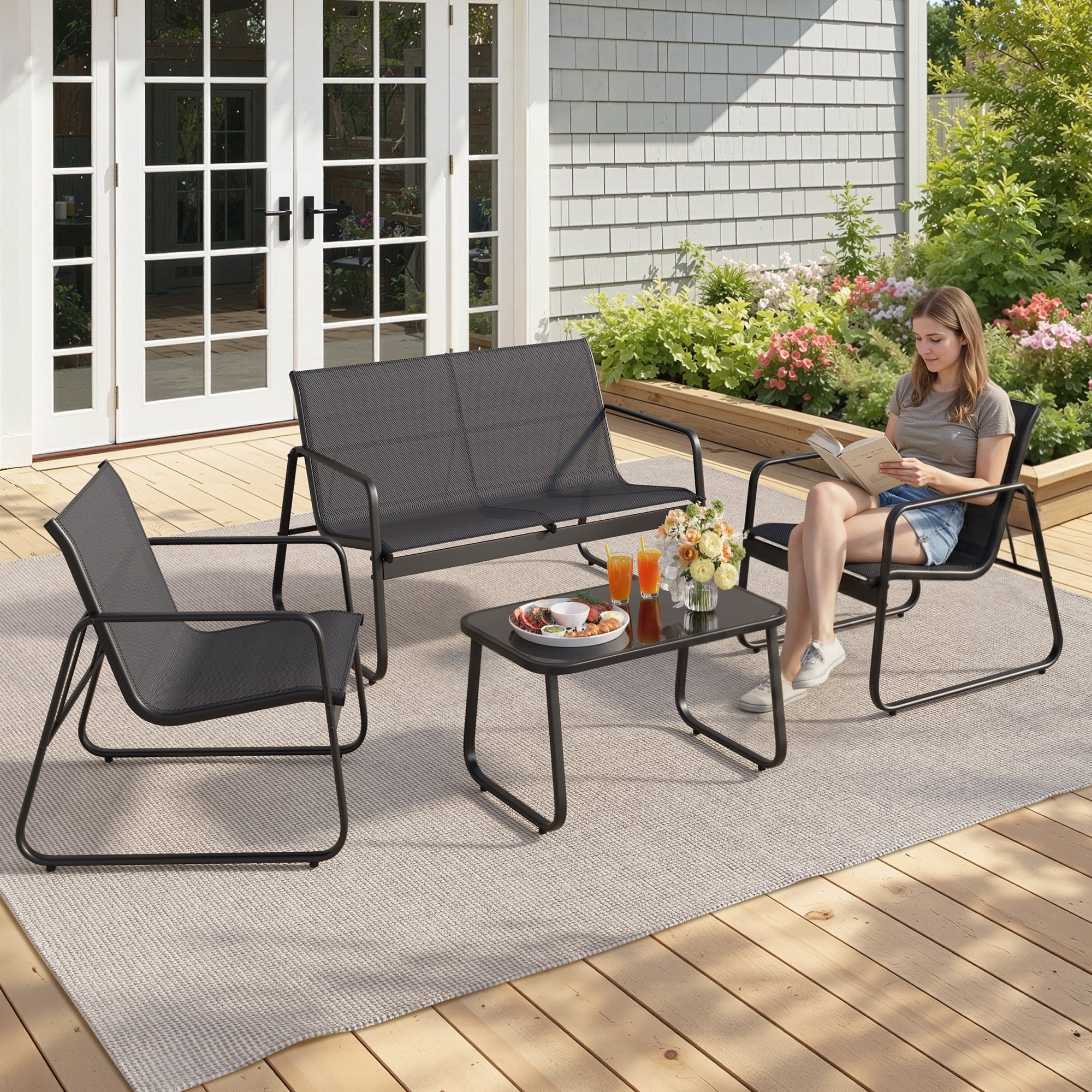 Lofka 4 PCS Patio Chairs Set, Outdoor Furniture Set with Loveseat and Cool Textile Fabric, Black