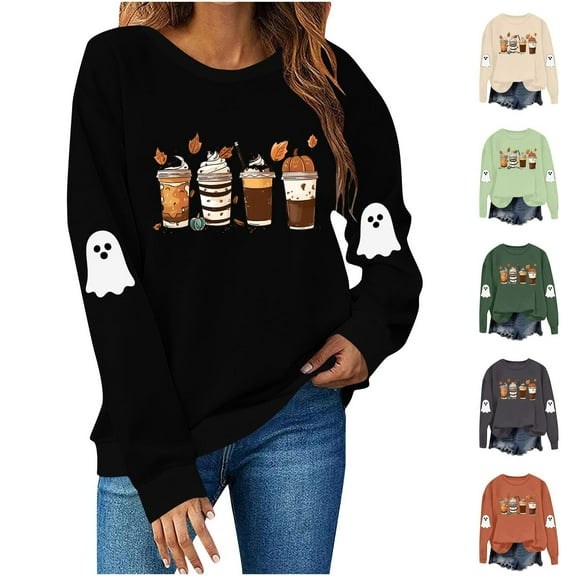 VKOYWKM Women's Halloween Graphic Sweatshirt Ghost Graphic Sweatshirts Crew Neck Pullover Long Sleeve Fall Party Tops Halloween Sweatshirts