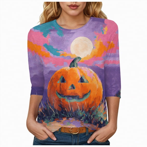 Godom Women's Funny Halloween Tee Pumpkin Graphic T Shirts Shirt 3/4 Sleeve Shirt Tops