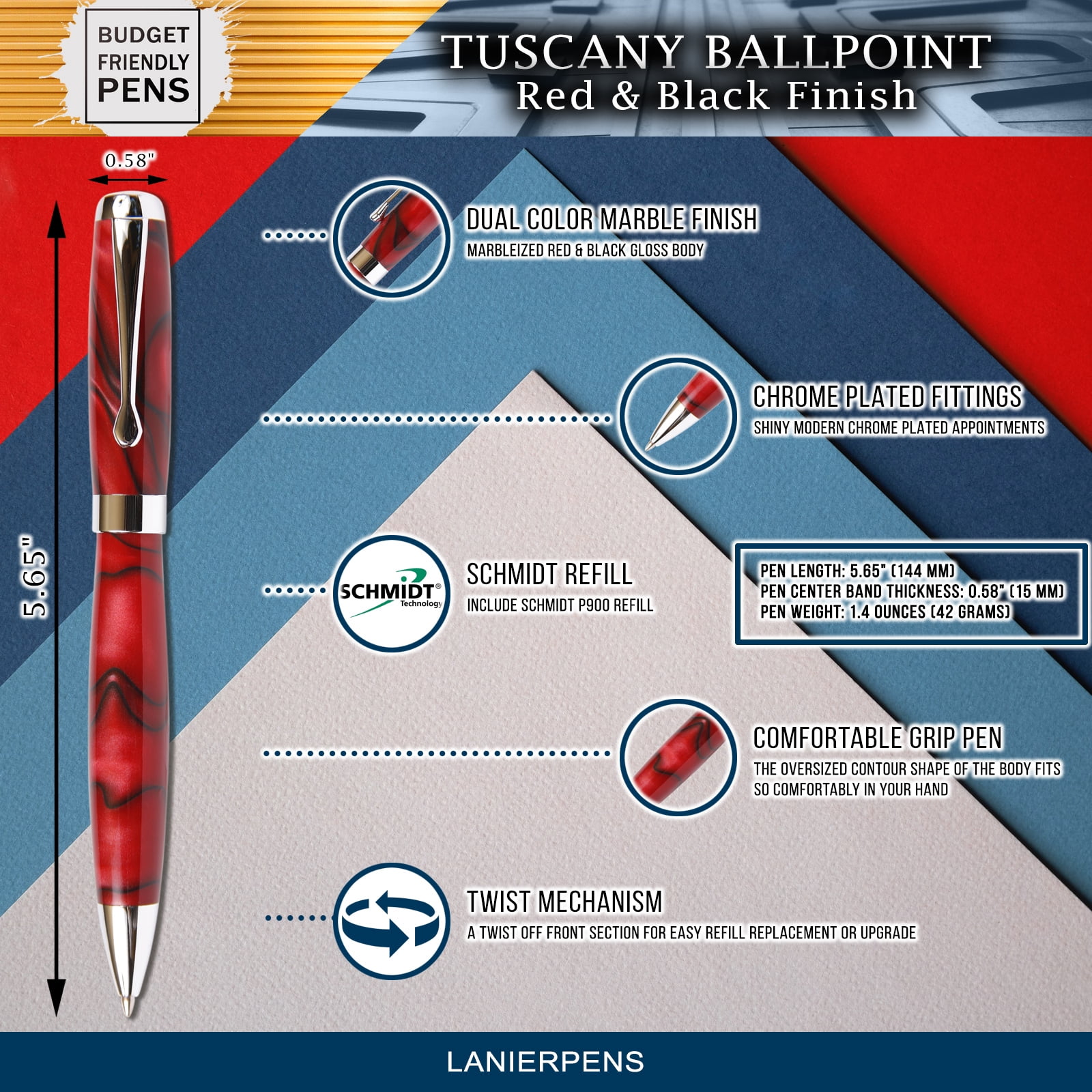 Red & Black Marbleized Gloss Body, Tuscany Ballpoint Pen (Black Ink, Medium Tip 0.7 MM)