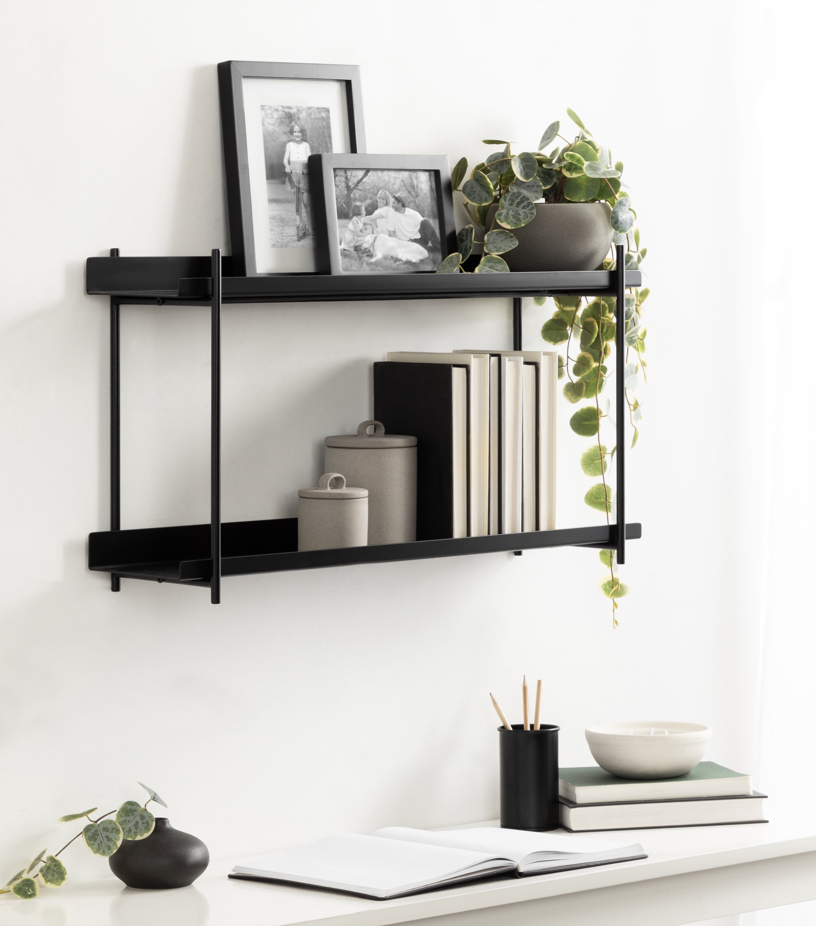 Kate and Laurel Dominic Modern Metal Bathroom Shelf, 28 x 7 x 15, Black, Contemporary Sleek 2-Tier Floating Shelves for Wall Decor, Display, and Over Toilet Storage