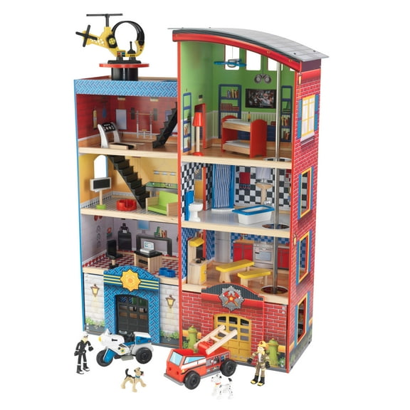 KidKraft Hometown Heroes Wooden Fire Station Rescue Play Set with 24 Accessories, Red