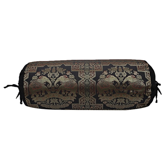 Stylo Culture Traditional Brocade Silk Jacquard Decorative Bolster Pillow Cover For Yoga Black Gold Elephant Polydupion Cylindrical Neck Roll Home Decor Banarsi Bolster Case | (1 Pc) | (76x38 cm)