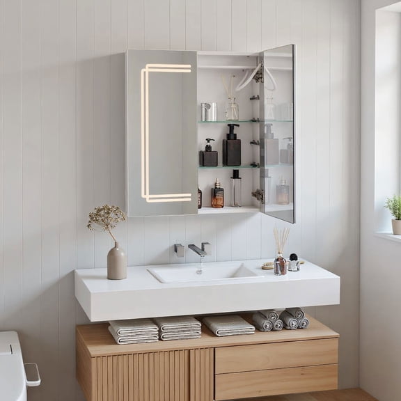 Resenkos 2 Doors Bathroom Wall Cabinet with LED Lighted Mirror, Anti Fog Cabinet with Dimmable Lighting and Adjustable Glass Shelves, White