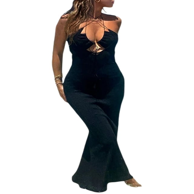OUSITAID Robe Longue Ajourée pour Femmes Bodycon Dos Nu Maxi Col en V Bretelles Spaghetti Robe Cocktail