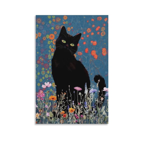 Gustav Klimt, Black Cat In A Garden Wall Art-Funny Black Cat Art Gift Canvas Painting Artworks Canvas Poster Room Aesthetic Wall Art Prints Home Modern Decor Gifts 24x36inch(60x90cm)