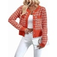 thumbnail image 2 of Womens - Plaid Blazer Dressy Casual Button Front Cardigan Crew Neck Long Sleeve Texture Knit Jackets Orange-Red XL, 2 of 9
