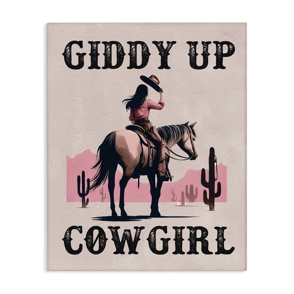 Stupell Industries Giddy Up Brunette Cowgirl People Painting Wrapped Canvas Art Print Wall Art, 16 x 20