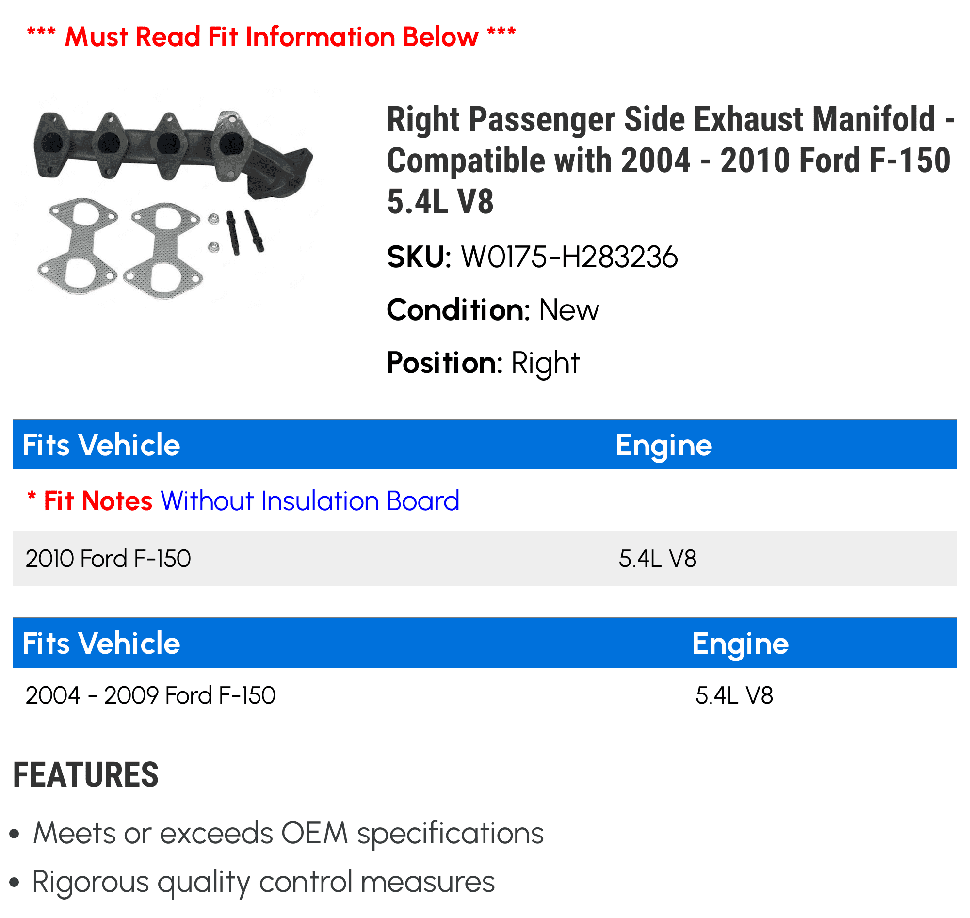 Right Passenger Side Exhaust Manifold - Compatible with 2004 - 2010 Ford F-150 5.4L V8 2005 2006 2007 2008 2009