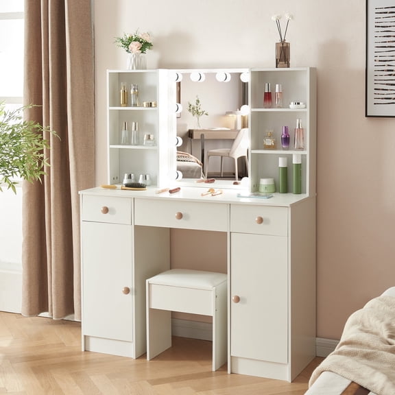 Yamissi Lighted Makeup Vanity Table w/ Mirror and Stool, Modern Makeup Dressing Table, Vanity Desk Set with 3 Drawers and 6 Shelves for Bedroom, White