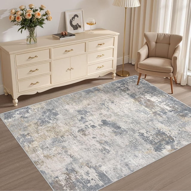 UERMEI 4x6 Area Rug Living Room Rugs - Washable Neutral Modern Abstract Soft Thin Rug Indoor Floor No Slip Rug Carpet for Bedroom Under Dining Table Home Office Decor - Blue Grey