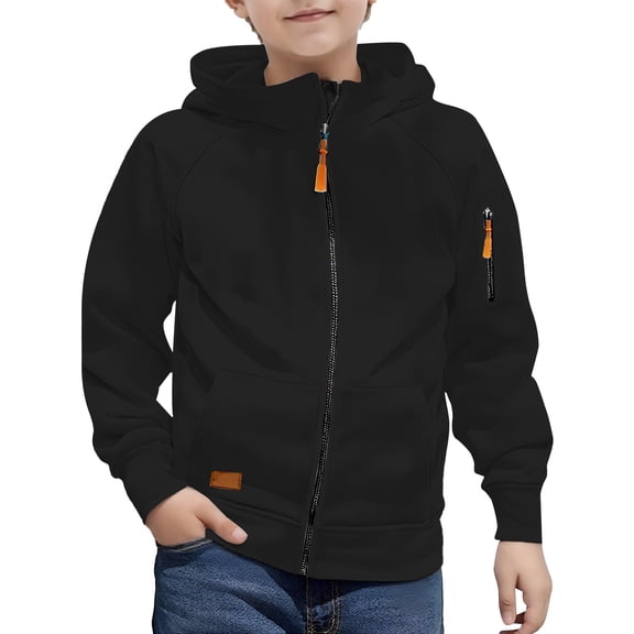 Lutiedan Boys Fleece Hoodie Zip up Hooded Workout Sweatshirt Casual Warm Long Sleeve Jackets with Pocket Size 4-15,Black