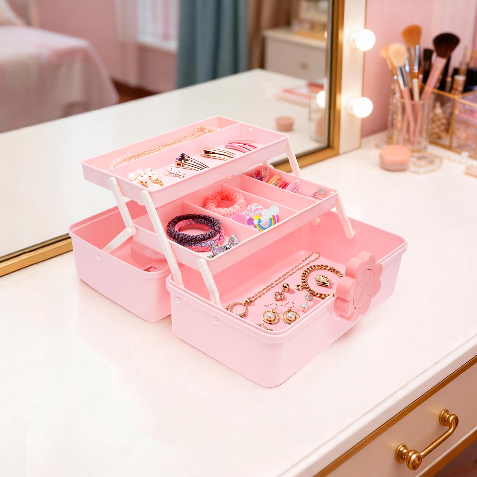 FKSZLL Hair Accessories Storage Box Plastic 3 Layer Pink Lockable Craft Storage Container Portable Cute Girl Hair Clip Holder Case with Handle for Toy Nail Tool Stationery