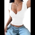 thumbnail image 2 of Camisetas de Corta de Verano 2025 para Mujer, con Cuello Henley Acanalado y Botones, Corte Entallado, Básicas e Informales. L, 2 of 8