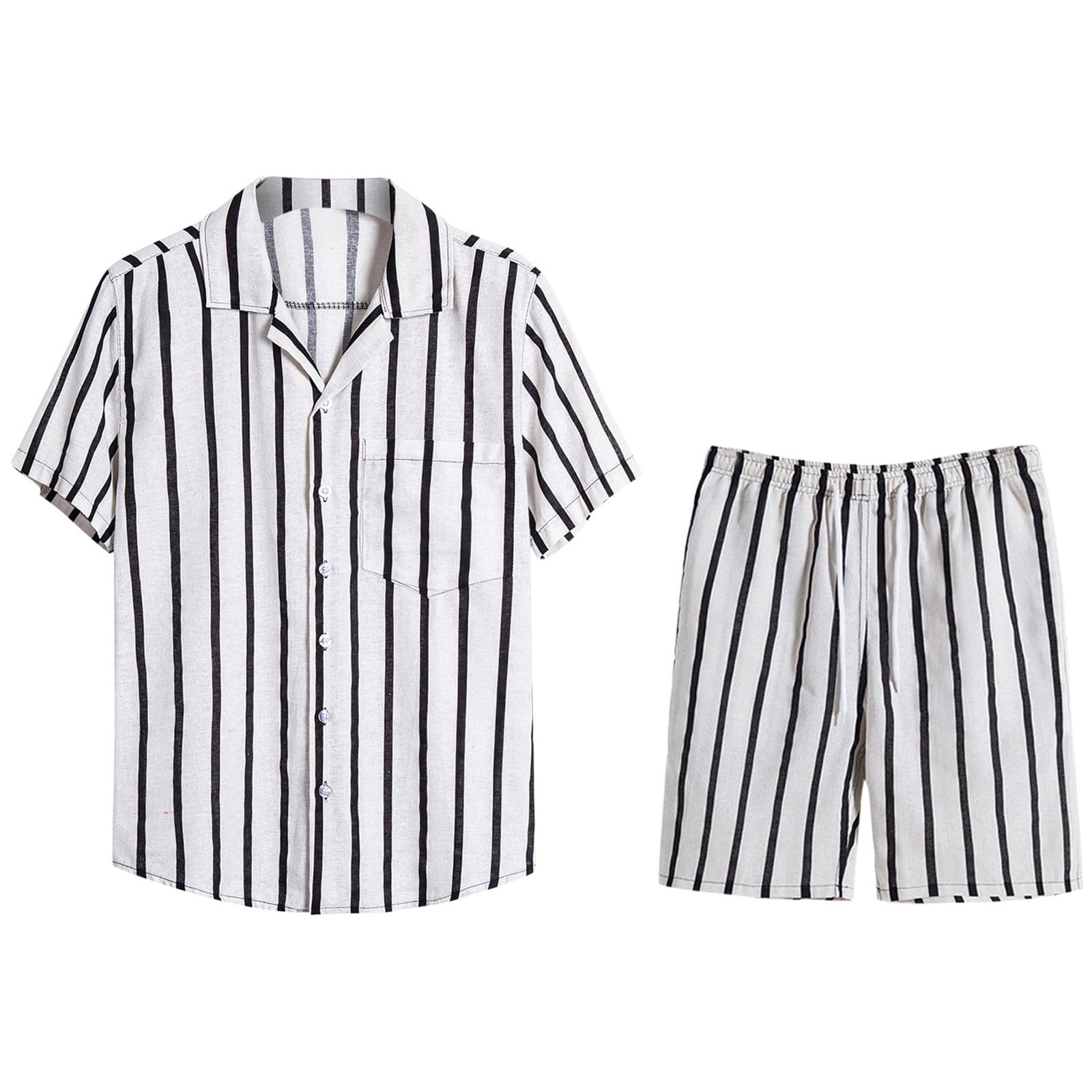 VEKDONE Clearance 2023 Men Stripe Shorts Set Short Sleeve Button Down
