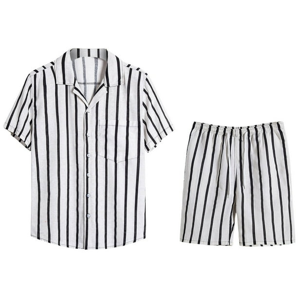 VEKDONE Clearance 2023 Men Stripe Shorts Set Short Sleeve Button Down