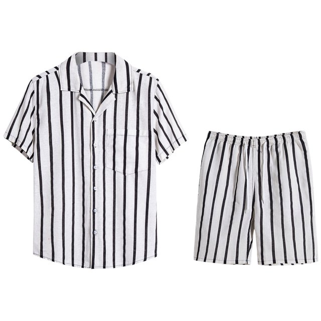 Conjunto casual de blusa y pantalones de playa de manga corta con estampado de rayas y botones de cobertura para hombres Pompotops oipoqjl35489
