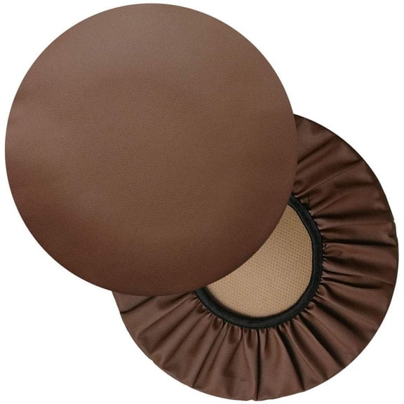 2PC 16in Round Bar Stool Cover Watedrproof Faux Leather Stool Slipcover Anti-Slip Round Seat Cover Coffee
