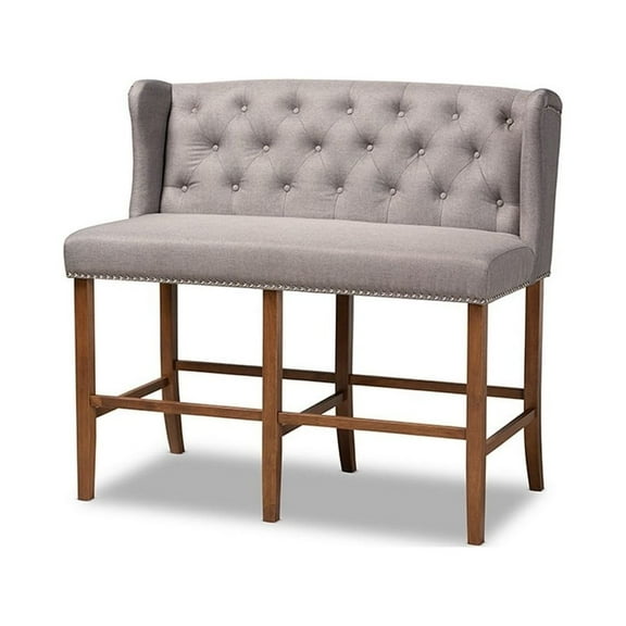 Contemporary Grey Fabric Upholstered Walnut Finished Wood Button Tufted Bar Stool Bench