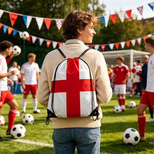 Nylon Drawstring Backpack Soccer Team Flag Print Sports Sackpack, Multicolor, 40 x 32 cm, Lightweight Foldable Gym Travel Bag for Games, 1 Pack