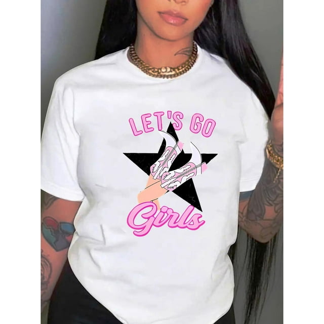Camiseta De Verano Para Mujer, Moda Informal, Ropa Cómoda, Camisetas De Manga Corta MStar & Letter Print Casual Sports T-shirt, Short Sleeve Crew Neck Spring & Summer Top, Women's ClothingFather's D