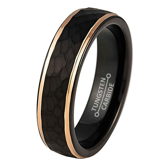 Jewelry Avalanche Hammered Tungsten Wedding Ring, Black & Rose Gold Engagement Band Comofrt Fit 6MM