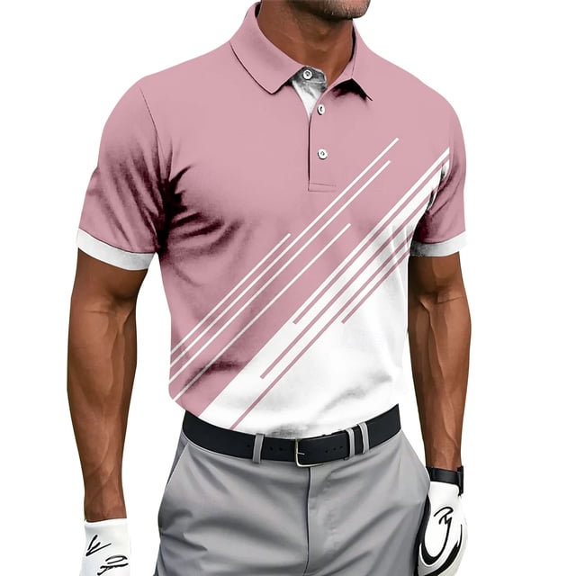 Men Long Sleeve Golf Shirts Colorblock 3D Geometry Printed Business Casual Work Athletic Button Collared T-Shirts