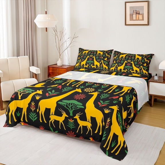 jejeloiu Safari Giraffe Queen Sheets For Men Women,Ethnic Pattern Queen Sheet Sets,Black Yellow,4-Piece,1 Flat Sheet, 1 Fitted Sheet and 2 Pillowcases