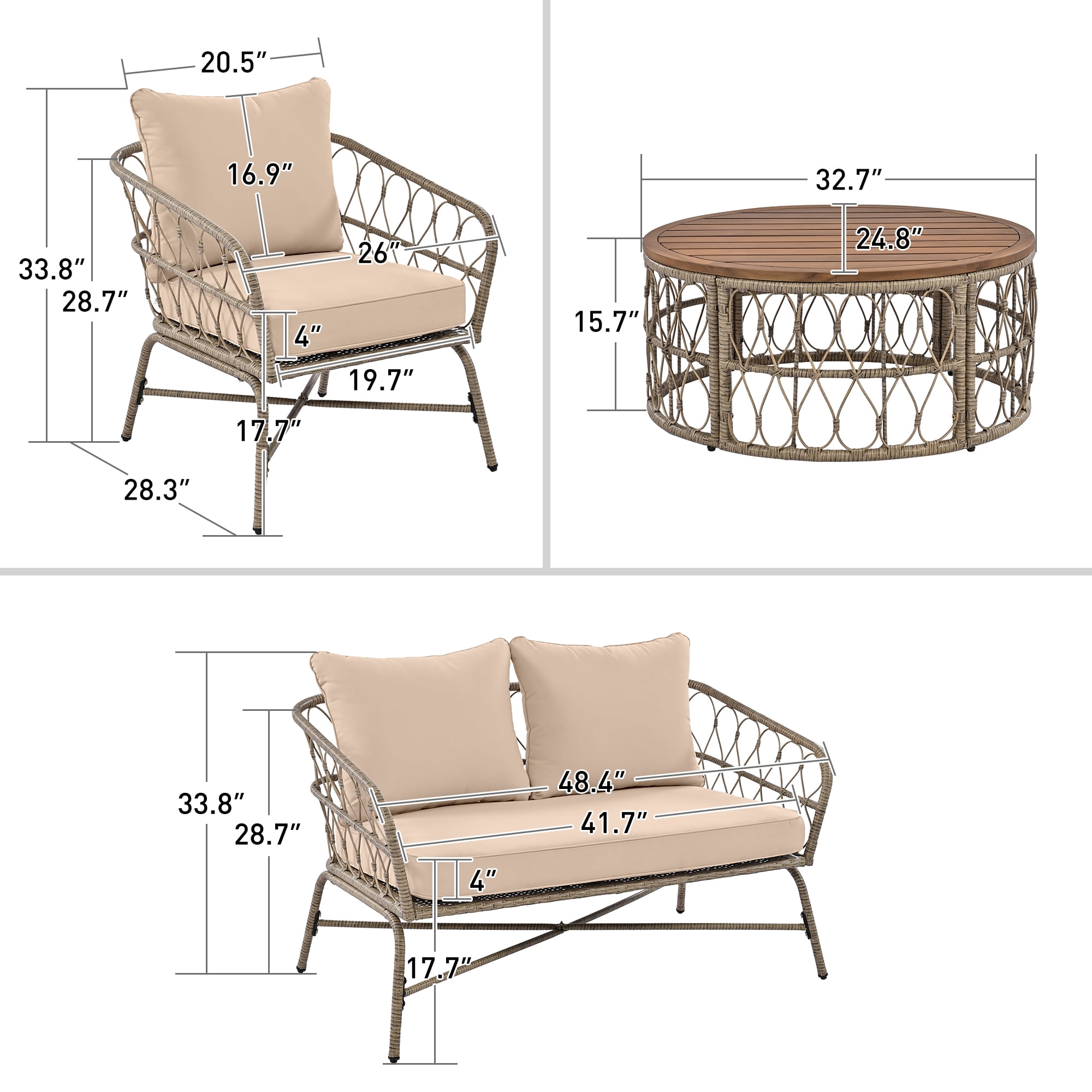 Highsound 4 Piece Patio Furniture Set, All Weather Outdoor Sectional Sofa Manual, Metal & Wicker Frame Patio Conversation Set with Coffee Table & Beige Cushions